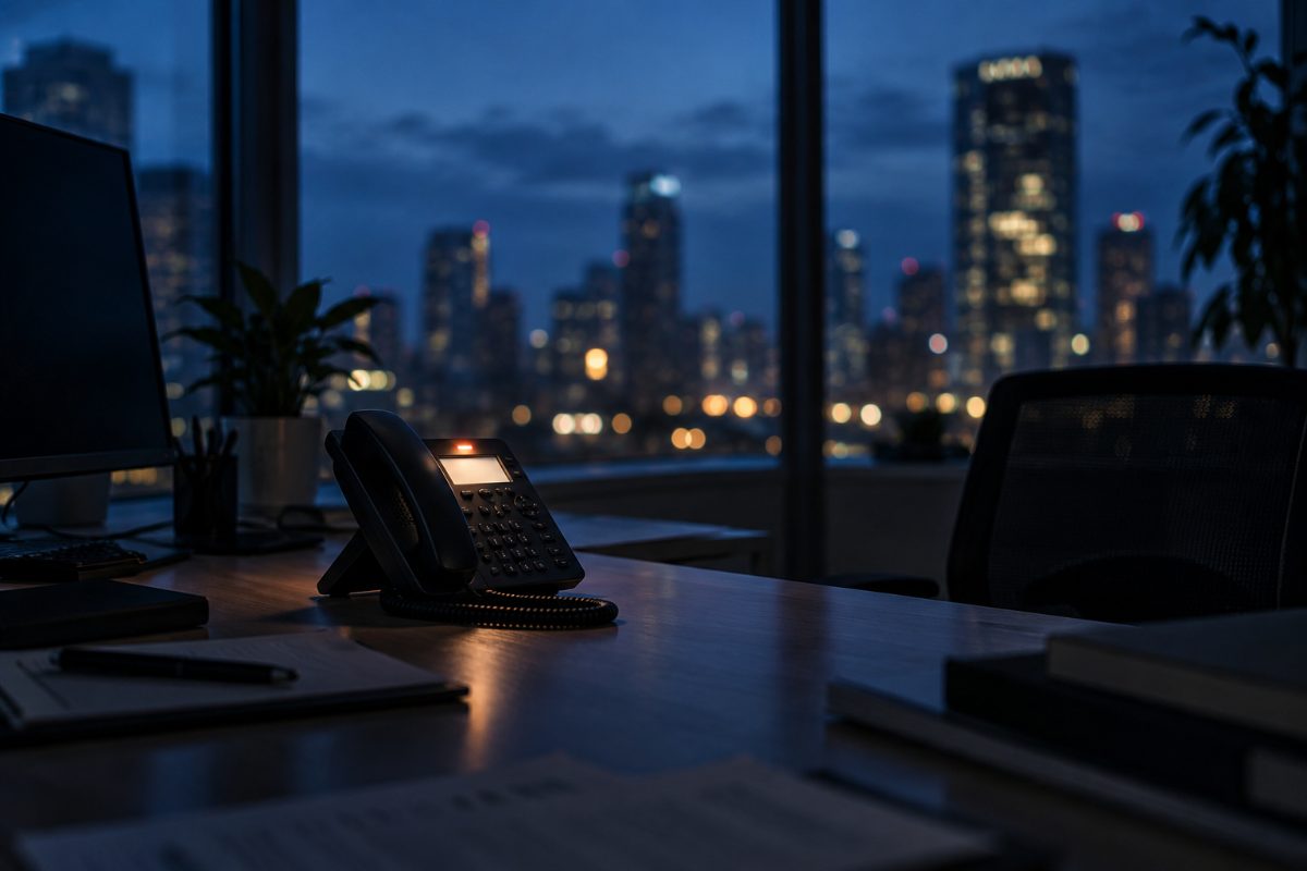 A desk phone and laptop in a working office